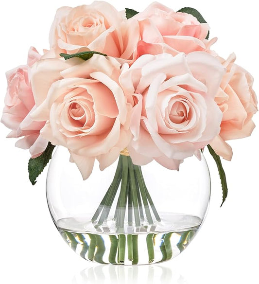 WELL KNOWN Artificial Flowers with Vase, Silk Rose Artificial Flowers Table Centerpieces with Faux Water for Home Decoration Fake Roses Flower Arrangements for Table Decor (Pink)