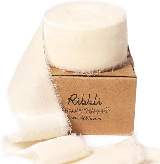 Ribbli Ivory Velvet Ribbon 1.5 Inch Handmade Frayed Vintage Christmas Ribbon for Gift Wrapping Christmas Tree Ornament Wreath Craft Home Decor -3 Yards