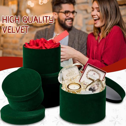 GnFlus Round Gift Boxes with Lids for Presents Set of 4 Green Velvet Nesting Gifts Box for Arrangements Flowers Wedding Birthday Valentines Bridesmaid Christmas Party Anniversary