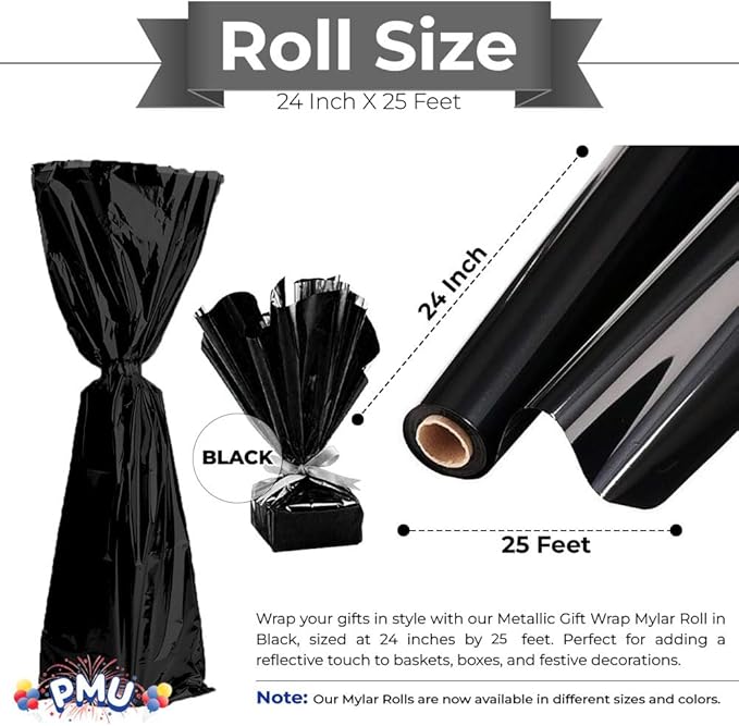 PMU (2 Gift Wrap Mylar Roll Metallic Black 2-sided, 24 Inches X 25 Ft Roll 1.4 Mil Highly Reflective Mylar Film, Great for Gifts, Birthdays, Christmas, Baskets, Arts & Crafts