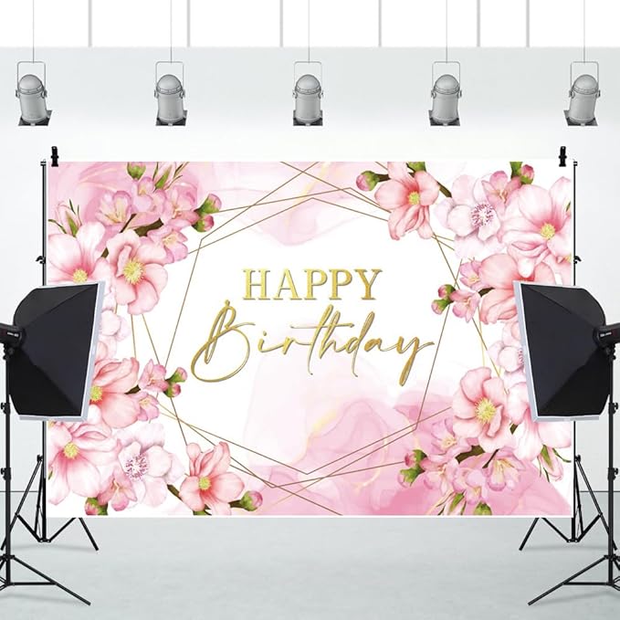 ChloropLastid 12x10ft Floral Happy Birthday Backdrop for Girls Pink Blooming Floral Birthday Party Decorations Photography Background Watercolor Flowers Women Birthday Party Decor Banner Photo Props