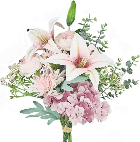 16-inch Artificial Fake Faux Flowers Silk Flower Arrangements Bouquets with Lilies, Buttercup, Hydrangea, Chrysanthemum, babysbreaths (Pink)