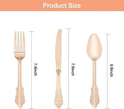 150PCS Rose Gold Plastic Silverware for 50 Guests, Heavy Duty Rose Gold Disposable Utensils Sets, Includes 50 Forks, 50 Spoons, 50 Knives, Elegant Cutlery Perfect for Party, Wedding
