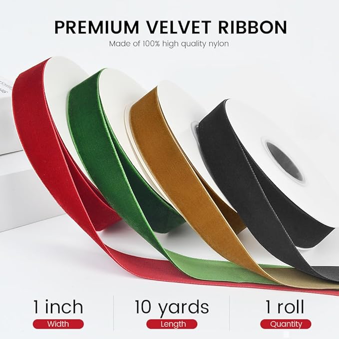 1" Wide x 10 Yards Velvet Ribbon, Vintage Single Face Velvet Ribbons for Gift Wrapping, Christmas Wrapping Bows, Wedding Decor, Sewing and More (Red)