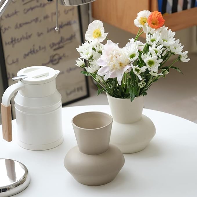 Wide Mouth Ceramic Flower Vase, Minimalist Decor for Living Room (Crème)