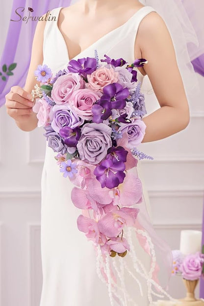 Serwalin 11 Inch Wedding Bouquets for Bride Bridesmaid, Purple Bridal Bouquets for Bride, Artificial Bouquets of Flowers for Wedding Ceremony Bridal Shower and Anniversary Day Decor