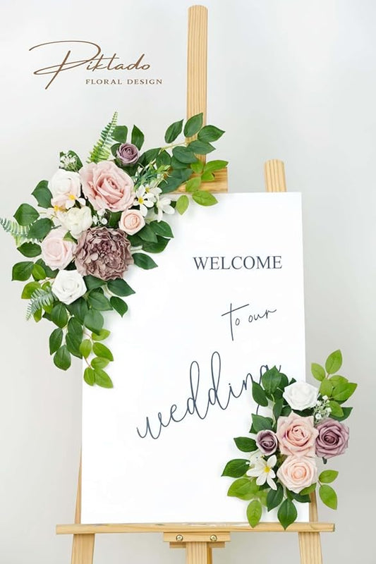Wedding decor (pack of 2) Welcome Sign Flower Backdrop Garland For Ceremony Reception Wall Easel Home Decoration Entryway Faux Outdoor Board Head Table Decor (Dusty Rose)