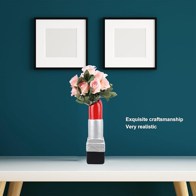 Creative Lipstick Shape Vase, Modern Flowers Pot Unique Vase Beautiful Resin Exquisite Realistic Lipstick Shape Decorative Vase for Book Shop Coffee Shop (Silver)