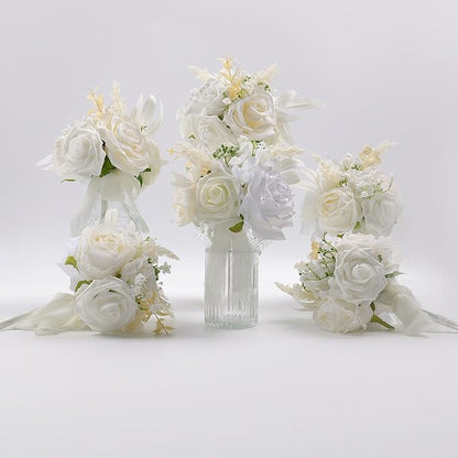 Meldel Set of 6 Wedding Flowers Fake Rose Mini Bridesmaid Bride Bouquets Ivory White Small Floral Wedding Centerpieces Decor Artificial Flower Arrangements for Tables Home Party Decorations