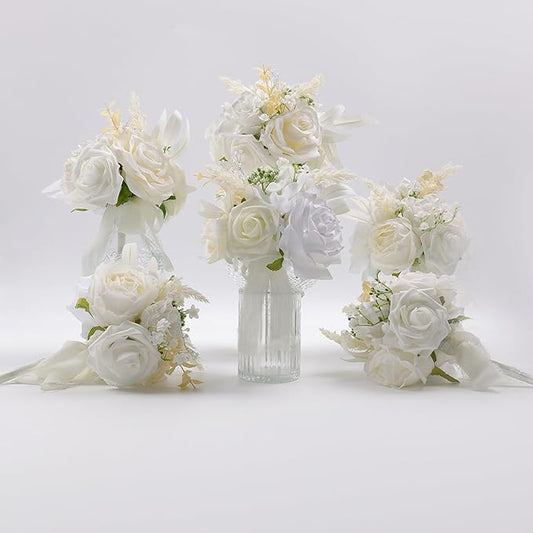 Meldel Set of 6 Wedding Flowers Fake Rose Mini Bridesmaid Bride Bouquets Ivory White Small Floral Wedding Centerpieces Decor Artificial Flower Arrangements for Tables Home Party Decorations