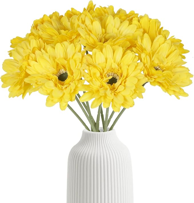 Yellow Gerbera Daisy Fake Flower Artificial Flowers Silk Flowers 10PCS Fake Daisies 17.7in Faux Daisies Flowers for Wedding Bridal Bouquet Party Home Kitchen Decor(Yellow)