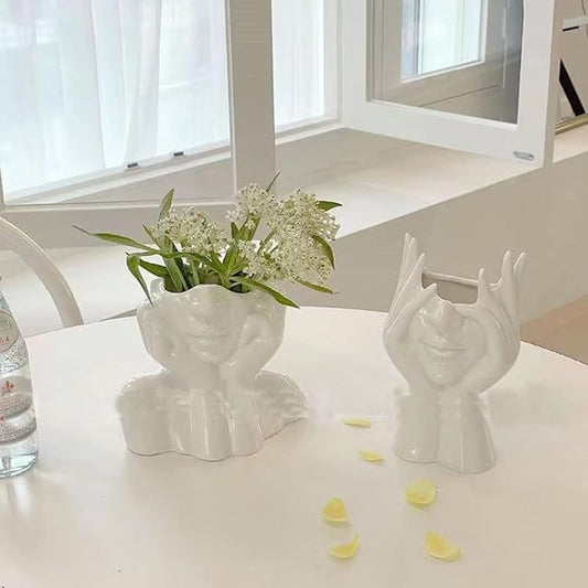 Face Vase Unique Ceramic Vase for Room,Office,Home Decor,White,C