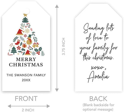 Andaz Press Personalized Christmas Holiday Season Classic Gift Tags, Merry Christmas Custom Family Name and Year, Christmas Tree Elements Design, for Holiday Events, Parties, and Favors, 60-Pack