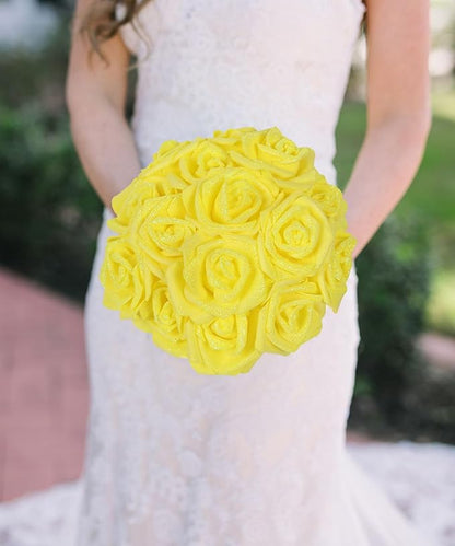 100pcs Yellow Glitter Roses - 2.56" Foam Glitter Flowers - Fake Roses for Bridal Shower Centerpieces & DIY Wedding Flower Arrangements