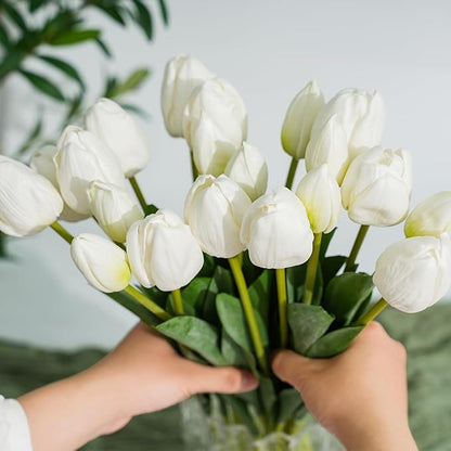 Real Touch Artificial Tulips, 20pcs Fake Tulip Flowers Stem, PU Faux Tulips 19.7” for Mother's Day, Home Decor, Wedding, Easter Valentine's Gift, Table Centerpiece, Floral Arrangements, White