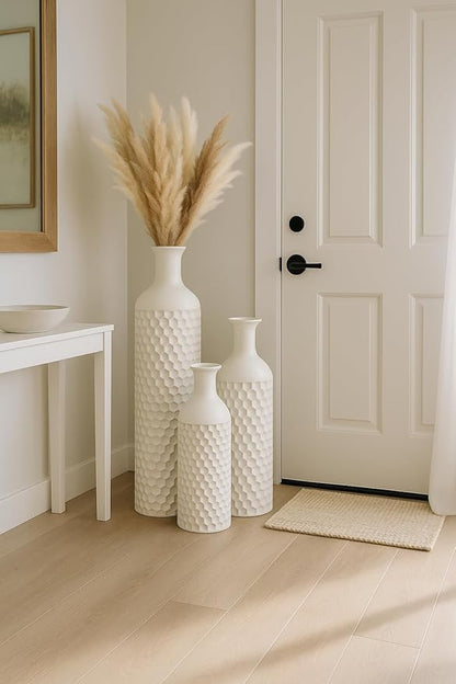 Leewadee Set of 3 Large Floor Vases – Decorative Tall Metal Vases in White (27/20/16 inches) – Elegant Home Decor for Stylish Interiors