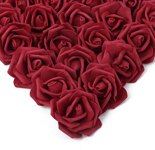 IPOPU Artificial Rose Flower Heads, 100 Pcs Real Looking Burgundy Foam Fake Roses for DIY Wedding Baby Shower Centerpieces Arrangements Party Tables Home Decorations (Wine red, Stemless)