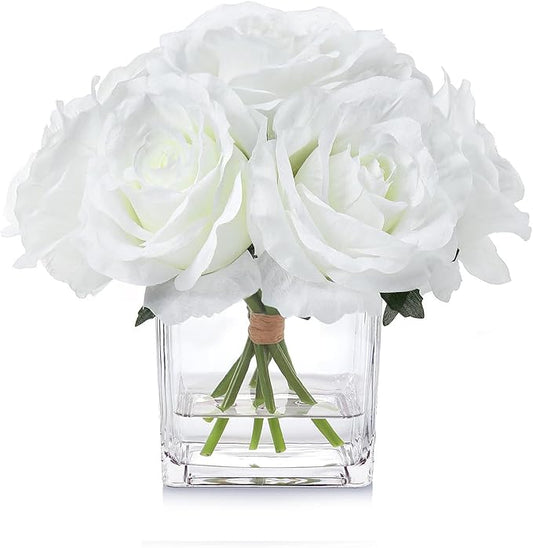 7 Large Stem Rose Artificial Flowers in Vase, Silk Floral Arrangement in Vase with Fake Water for Home Decor, Wedding Table (Cream)