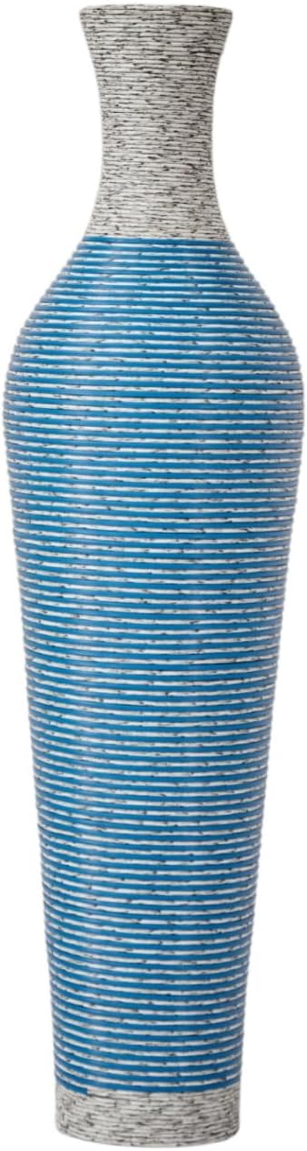 39-Inch Tall Vintage Floor Vase - Premium PVC Rattan Weave, Large Blue and White Striped Standing Vase, Flower Holder for Home Decor (Blue)
