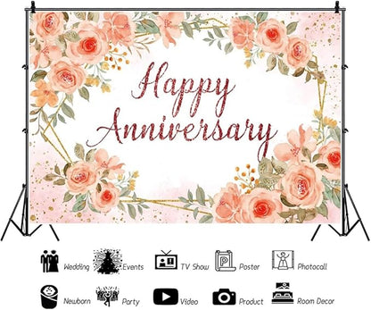 Leyiyi 12x6ft Happy Anniversary Backdrop Watercolor Pink Floral Rose Green Leaves Gold Dots Glitter Photography Background Cheers to Wedding Anniversary Bridal Shower Party Decorations Photo Props
