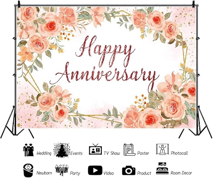 Leyiyi 6x4ft Happy Anniversary Backdrop Watercolor Pink Floral Rose Green Leaves Gold Dots Glitter Photography Background Cheers to Wedding Anniversary Bridal Shower Party Decorations Photo Props
