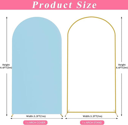 Putros 6.6ft Metal Arch Stand with Cover Dusty Blue Spandex Fitted Wedding Arch Cover and Round Top Chiara Backdrop Stand Set for Birthday Party Baby Shower Decoration
