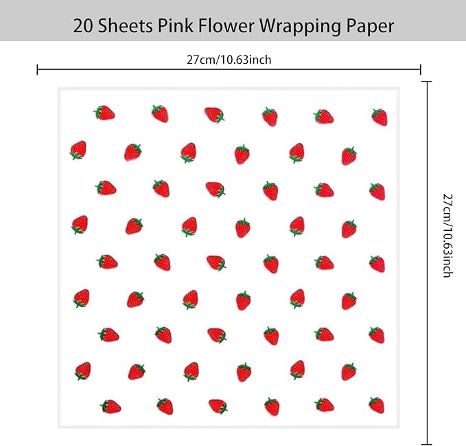 HLTOO 20 Sheets Flower Wrapping Paper, Bouquet Floral Packaging Paper with Strawberry Pattern, for Wedding, Party, Mother's Day, Birthday, and DIY Craft Florist Supplies (White)