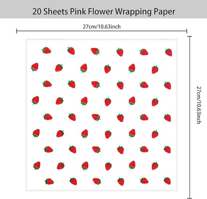 HLTOO 20 Sheets Flower Wrapping Paper, Bouquet Floral Packaging Paper with Strawberry Pattern, for Wedding, Party, Mother's Day, Birthday, and DIY Craft Florist Supplies (White)