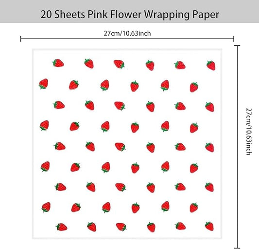 HLTOO 20 Sheets Flower Wrapping Paper, Bouquet Floral Packaging Paper with Strawberry Pattern, for Wedding, Party, Mother's Day, Birthday, and DIY Craft Florist Supplies (White)