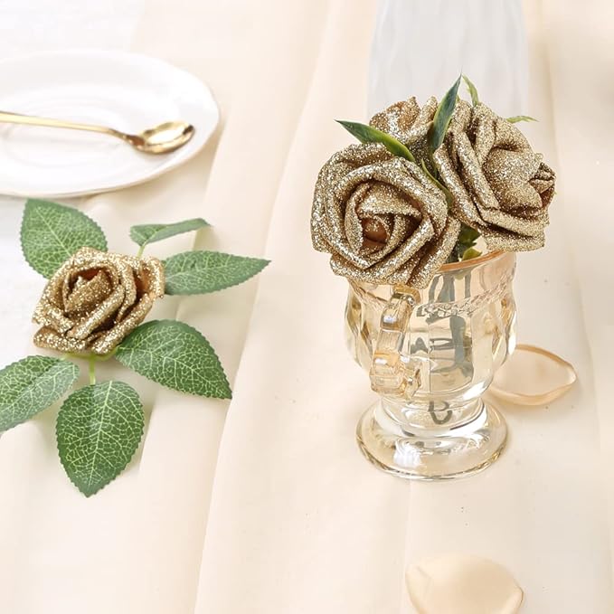 IPOPU Foam Gold Roses,50pcs Glitter Roses Gold Flowers Gold Roses with Stems for DIY Wedding Bridal Bouquet Home Party Decoration(Gold)