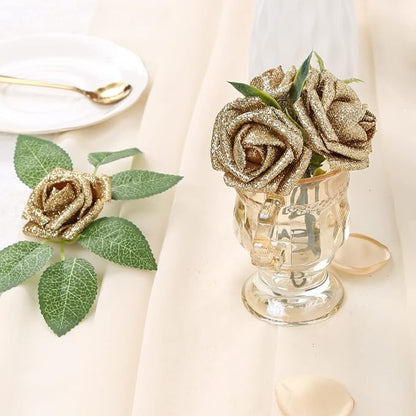 IPOPU Foam Gold Roses,50pcs Glitter Roses Gold Flowers Gold Roses with Stems for DIY Wedding Bridal Bouquet Home Party Decoration(Gold)