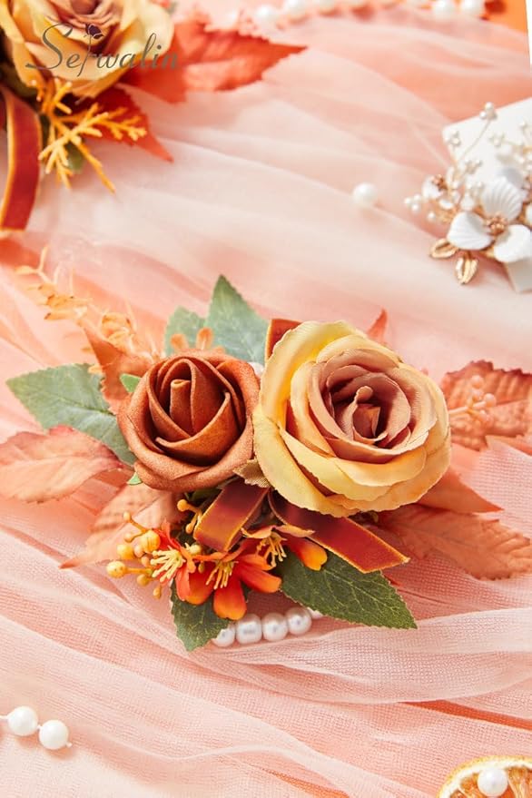 Serwalin 𝗦𝗲𝘁 𝗼𝗳 𝟮 Wrist Corsage for Wedding, 𝟲-𝟳 𝗜𝗻𝗰𝗵 Corsages for Bridesmaid Mother Grandmother, Artificial Flowers for Prom Ceremony Anniversary Cake Topper (Orange)