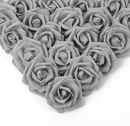 IPOPU Artificial Rose Flower Heads, 100 Pcs Real Looking Silver Gray Foam Fake Roses for DIY Wedding Baby Shower Centerpieces Arrangements Party Tables Home Decorations (Silver Gray, Stemless)