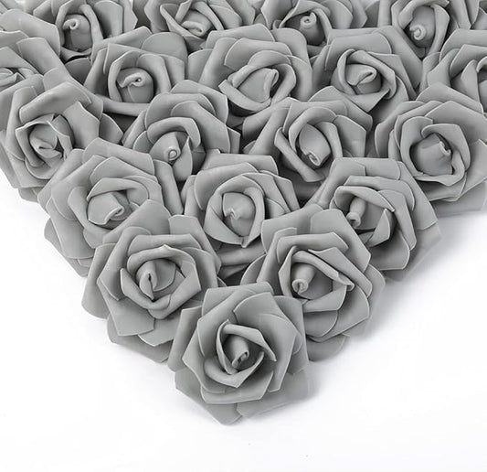 IPOPU Artificial Rose Flower Heads, 100 Pcs Real Looking Silver Gray Foam Fake Roses for DIY Wedding Baby Shower Centerpieces Arrangements Party Tables Home Decorations (Silver Gray, Stemless)