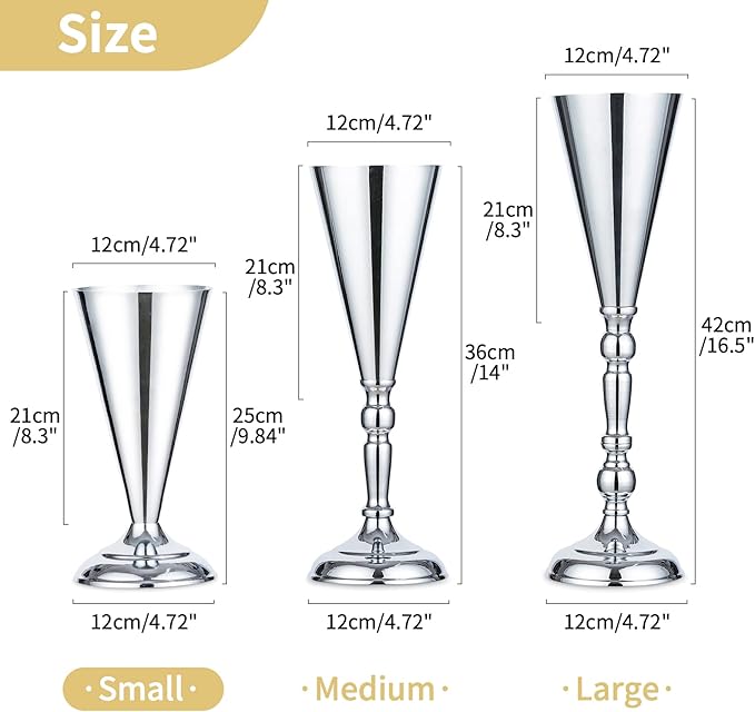 2 Pcs Tabletop Silver Metal Wedding Flower Trumpet Vase, 9.8 inch Table Decorative Centerpiece Artificial Flower Arrangements for Anniversary Ceremony Party Birthday Event Aisle Home Decoration