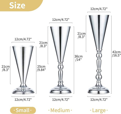 2 Pcs Tabletop Silver Metal Wedding Flower Trumpet Vase, 9.8 inch Table Decorative Centerpiece Artificial Flower Arrangements for Anniversary Ceremony Party Birthday Event Aisle Home Decoration