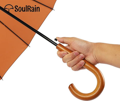 SoulRain 16 Ribs 48" Stick Umbrella Auto Open Solid Color Fashionable and Simple，Arc Classic Wood Handle，Windproof Unbreakable Stick Rain Umbrella