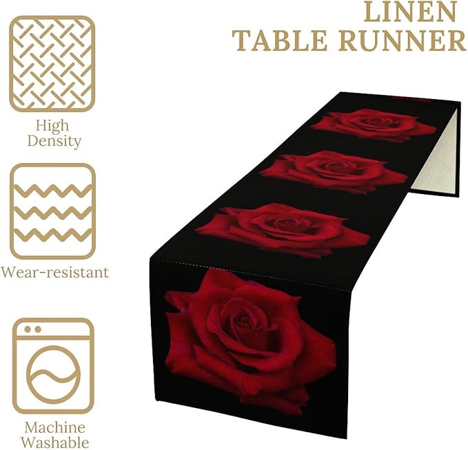 Red Rose Table Runner,Romantic Flower Black Table Runner for Indoor Outdoor Holiday Home Wedding Party 13x108 Inch