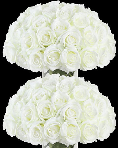 50pcs Artificial Roses Flowers in Bulk,Realistic Silk Fake Rose with Long Stem for Wedding Centerpieces Bouquet Party Floral Arrangement Home Decoration(Ivory White)