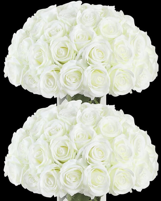 50pcs Artificial Roses Flowers in Bulk,Realistic Silk Fake Rose with Long Stem for Wedding Centerpieces Bouquet Party Floral Arrangement Home Decoration(Ivory White)