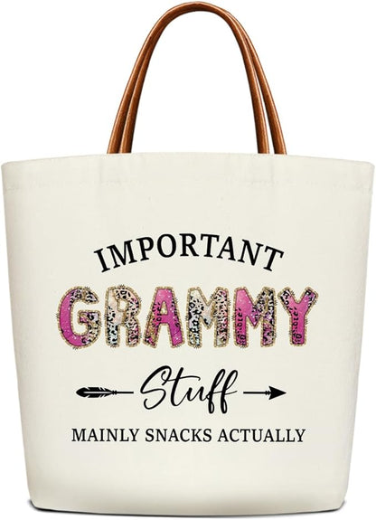 Canvas Tote Bag for Women, Important Stuff Bag with Leather Handle, Reusable Grocery Bags for Shopping Beach Travel