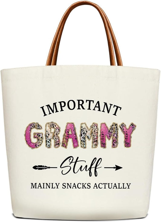 Canvas Tote Bag for Women, Important Stuff Bag with Leather Handle, Reusable Grocery Bags for Shopping Beach Travel