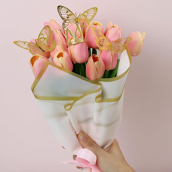 XEUZK 430Pcs Floral Wrapping Paper Kits, &120Sheet Waterproof Floral Paper, RibbonX3 Bamboo SticksX50, Tape Dispenser,Tape X2, Flower PinsX150, ButterfliesX48, CrownsX9, Greeting CardX30 for Wrapping