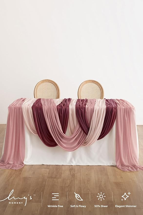 Ling's moment Wedding Arch Draping Fabric 3 Panels 20Ft Chiffon Fabric, Sheer Hanging Drapes Arrangement for Wedding Ceremony Backdrop Outdoors Party Swag Home Decor (Dusty Rose & Burgundy & Blush)