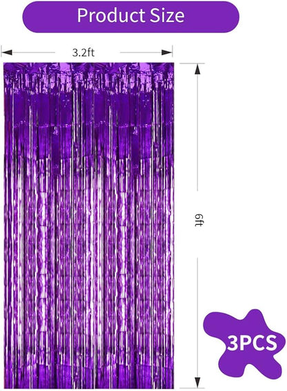 TONIFUL 3Pcs Purple Door Streamers,Purple Photo Booth Backdrop,Metallic Streamers Foil Fringe Curtains for Halloween Birthday,Christmas,New Year,St. Patrick's Day Party Decor(9.9ft x 6.6ft)