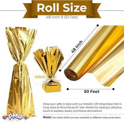 PMU Gift Wrap Mylar Roll Metallic Gold 2-sided, 48 Inches X 50 Ft Roll 1.4 Mil Highly Reflective Mylar Film, Great for Gifts, Birthdays, Christmas, Baskets, Arts & Crafts