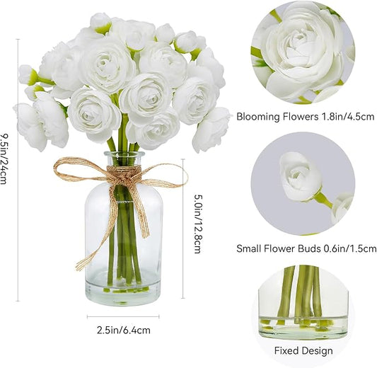 Ranunculus Artificial Flowers with Vase, 2 Pack - 8 Pcs Faux Silk Ranunculus Flower in Vase, Small Flowers Arrangements for Home Decor Indoor, Table Centerpiece. (White)