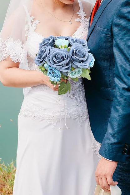 Artificial Rose Flower Dusty Blue Flowers Dusty Blue Roses Silk Flowers 12 pcs with Long Stem Silk Roses Bouquet for Wedding Bridal Shower Party Home Decoration