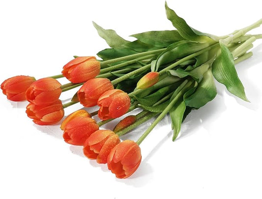 15Pcs Fake Tulips Artificial Flowers Real Touch Latex Bouquet Faux Tulips for Centerpiece Arrangements Wedding Party Home Décor (Orange)