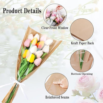 HSONAIGEE 50 Pieces Flower Bouquet Wrapping Paper, 17.7 x 9.5 Inch Small Flower Bags for Bouquets Kraft Floral Wrap Sleeves with Ribbons for Home Mother’s Day Wedding Flower Bar Supplies